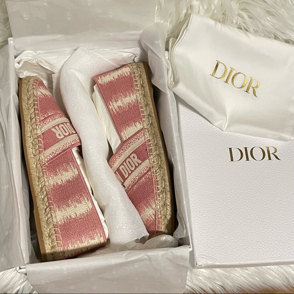 DIOR Pink Granville D Stripes Cotton Nude Logo Embroidered Espadrille 38